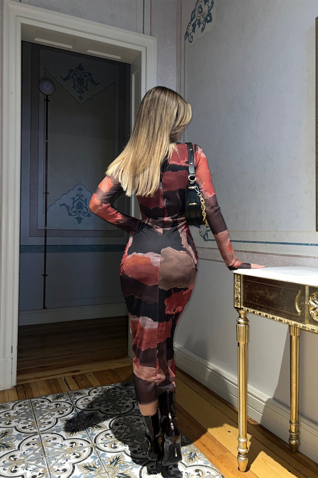Kırmızı Batik Desen Uzun Elbise ATE3861 - 6