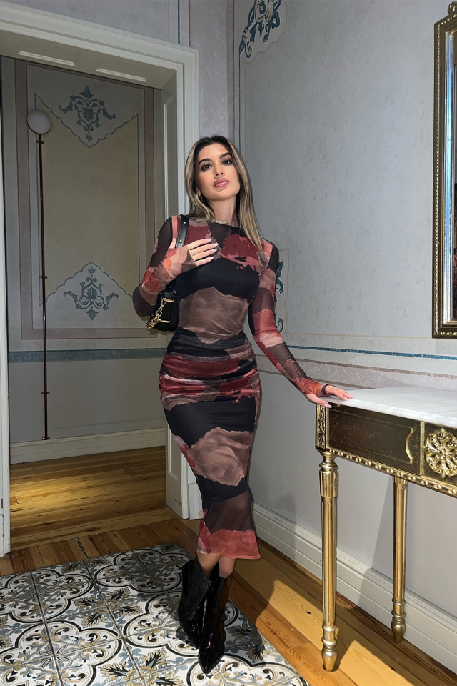 Kırmızı Batik Desen Uzun Elbise ATE3861 - 3