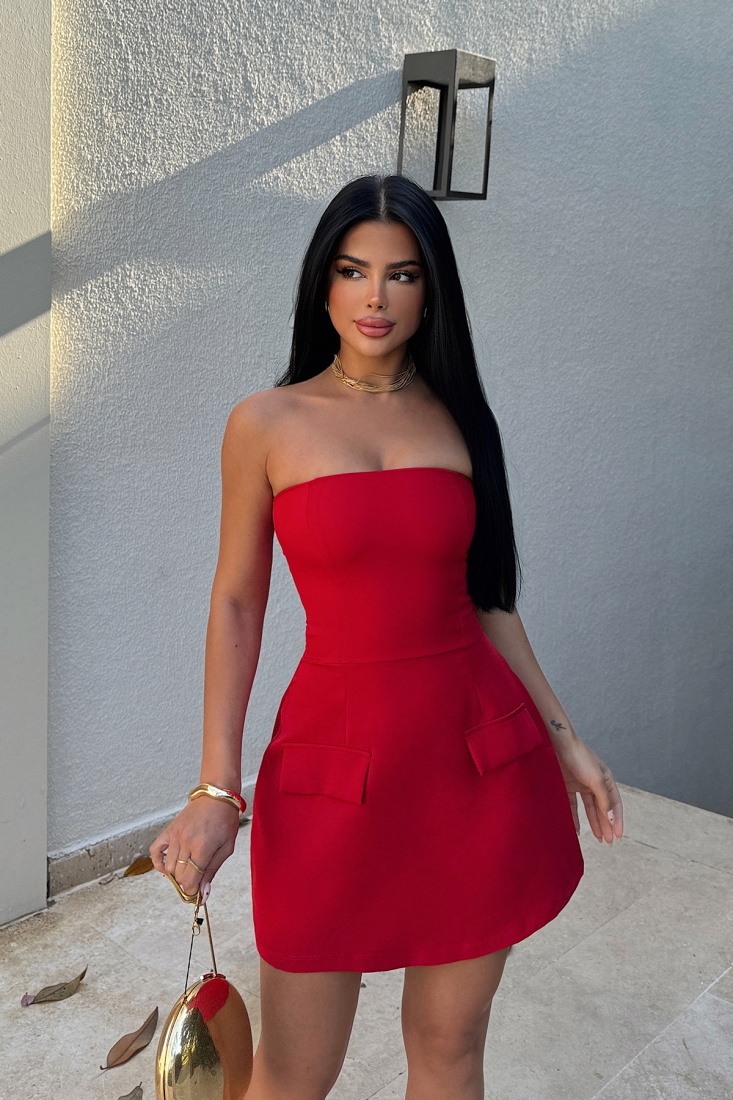 Kırmızı Belinda Straplez Mini Elbise ATE-1072 - EYYO