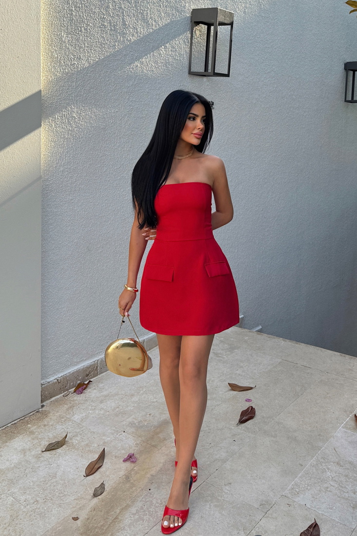 Kırmızı Belinda Straplez Mini Elbise ATE-1072 - EYYO