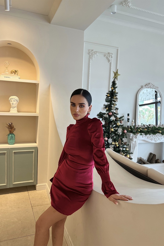 Kırmızı Boğazlı Mini Elbise ATE2874 - 3