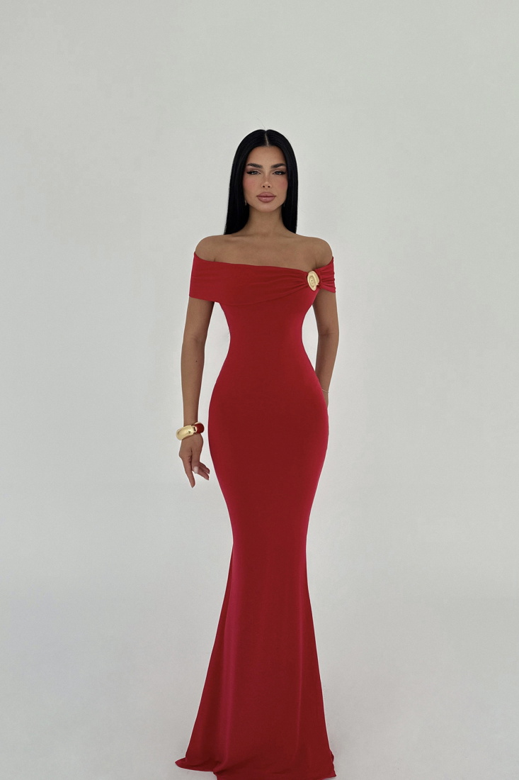 Kırmızı Seridie Deniz Kabuğu Detaylı Uzun Elbise ATE-2562 - EYYO