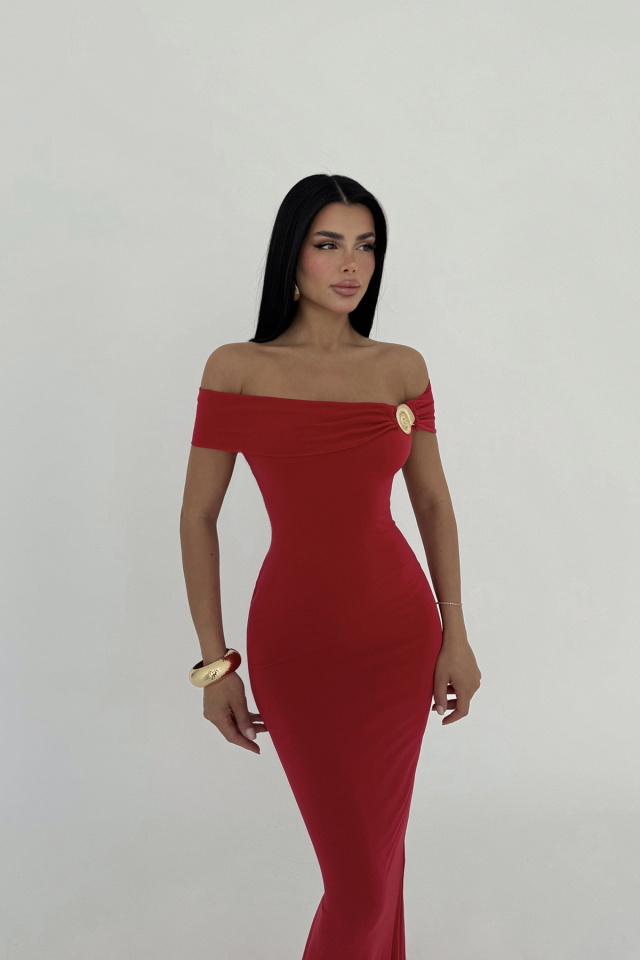 Kırmızı Seridie Deniz Kabuğu Detaylı Uzun Elbise ATE-2562 - 4