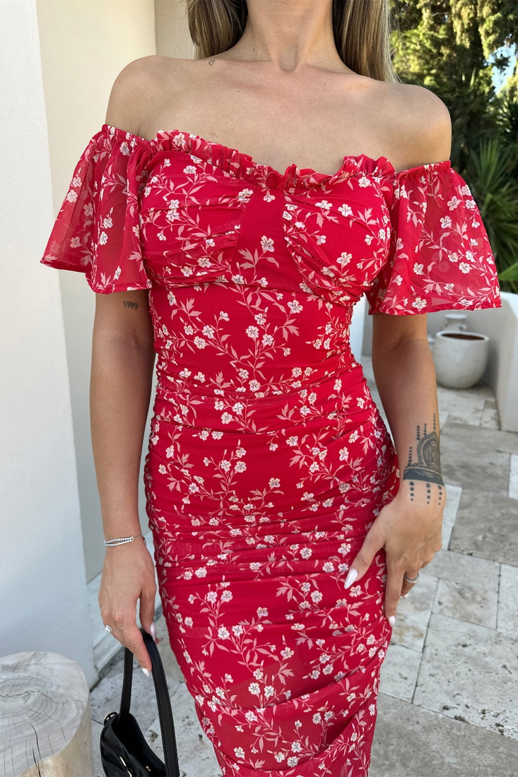 Kırmızı Çiçek Desen Uzun Elbise ATE7495 - EYYO