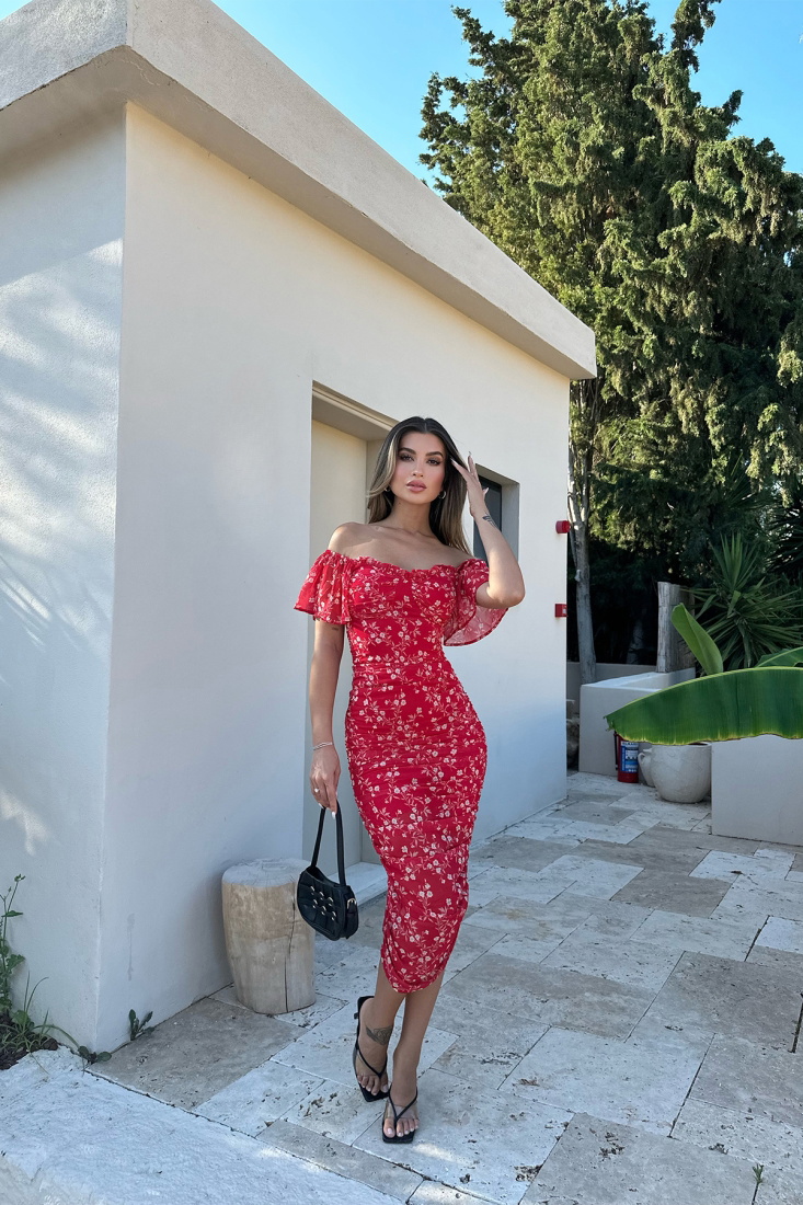 Kırmızı Çiçek Desen Uzun Elbise ATE7495 - EYYO