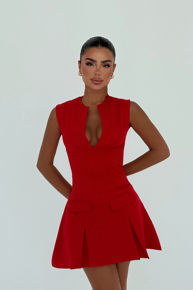 Kırmızı Frilly Mini Elbise ATE-3009 - 1
