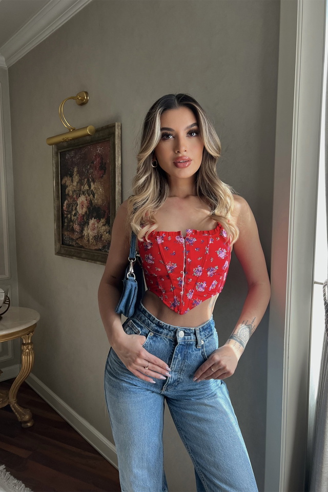 Kırmızı Çiçek Desen Crop Top ATE4019 - 3
