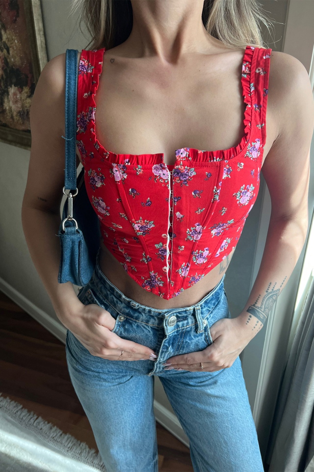 Kırmızı Çiçek Desen Crop Top ATE4019 - 2