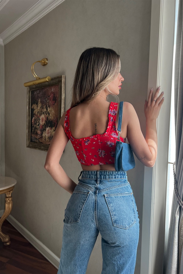 Kırmızı Çiçek Desen Crop Top ATE4019 - 5