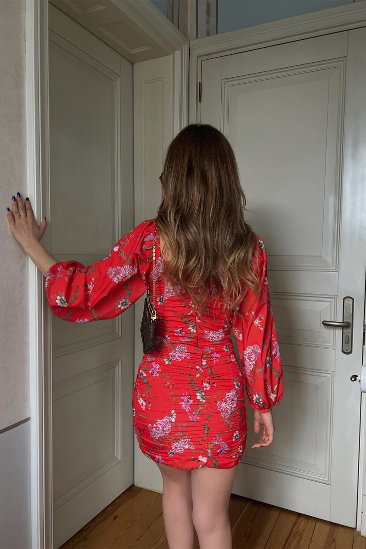 Kırmızı Çiçekli Kare Yaka Mini Elbise ATE3652 - EYYO