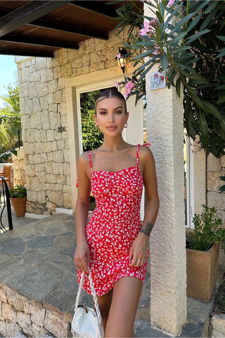 Kırmızı Çiçekli Mini Elbise ATE7783 - EYYO