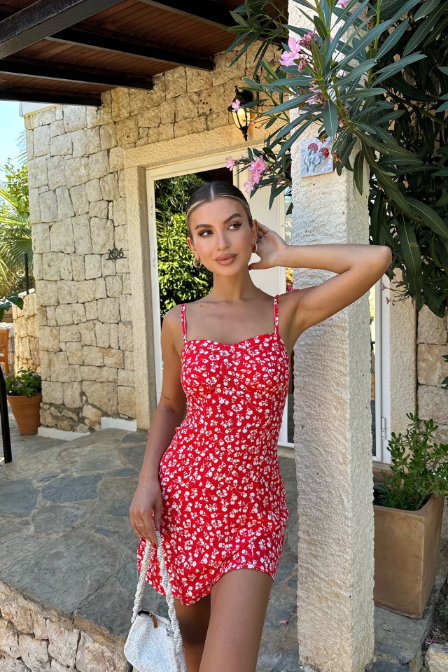 Kırmızı Çiçekli Mini Elbise ATE7783 - 4