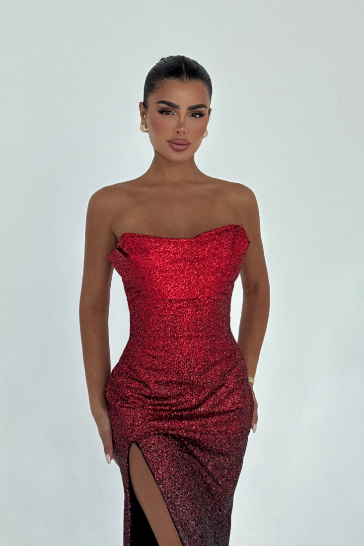 Kırmızı Toulon Uzun Yırtmaçlı Elbise ATE-3074 - EYYO