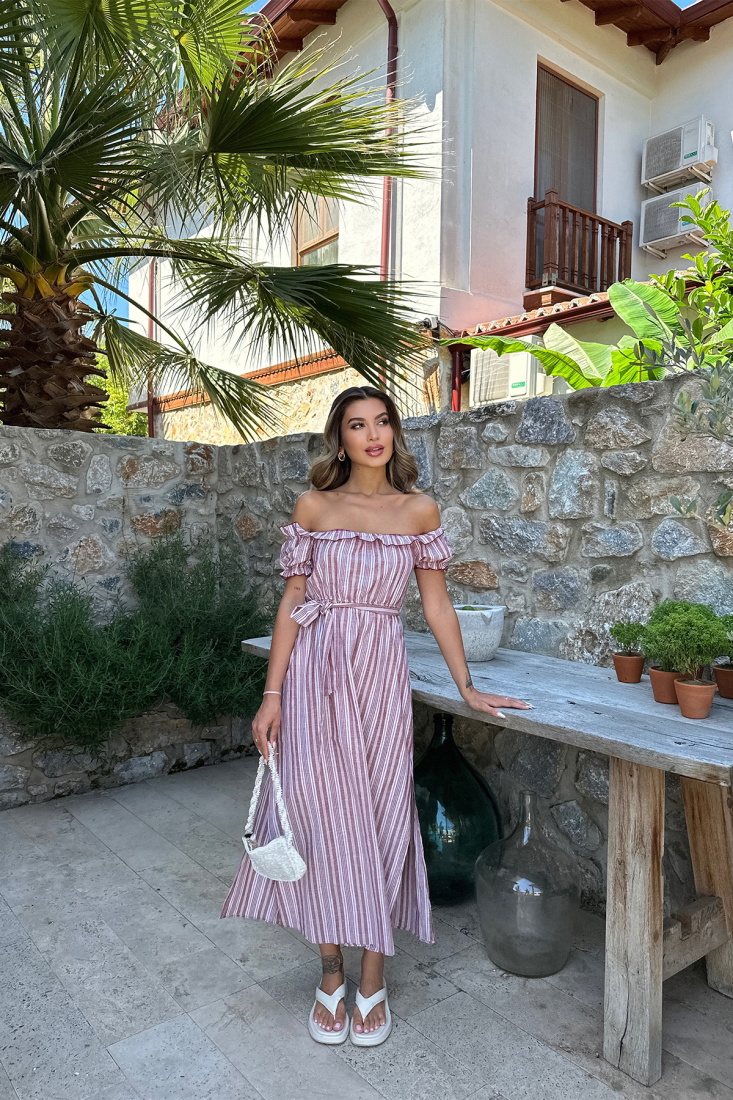 Kırmızı Çizgili Bağlamalı Uzun Elbise ATE7202 - EYYO