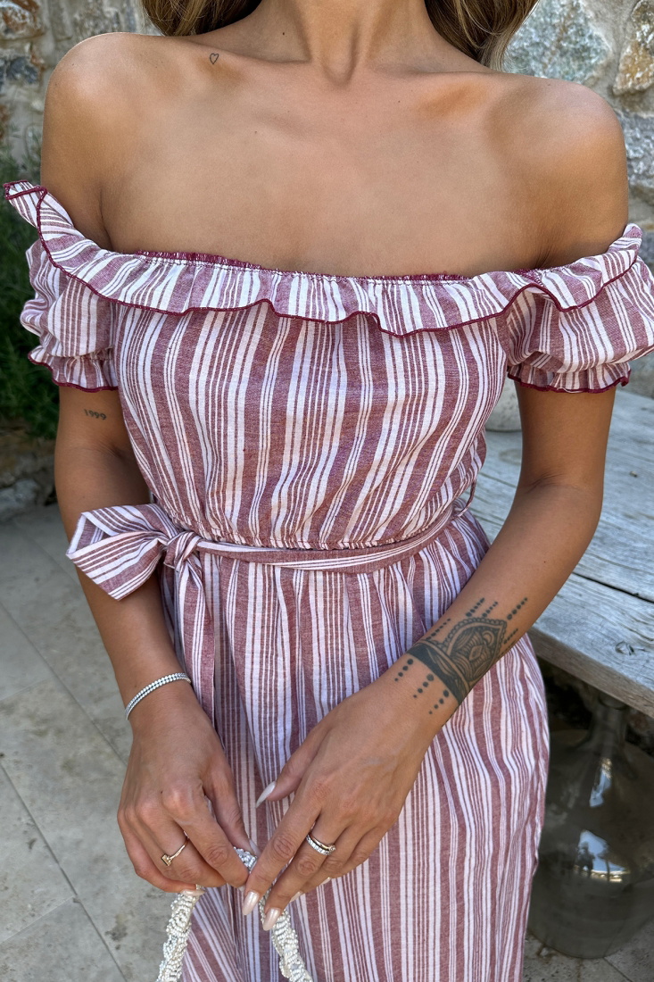 Kırmızı Çizgili Bağlamalı Uzun Elbise ATE7202 - EYYO