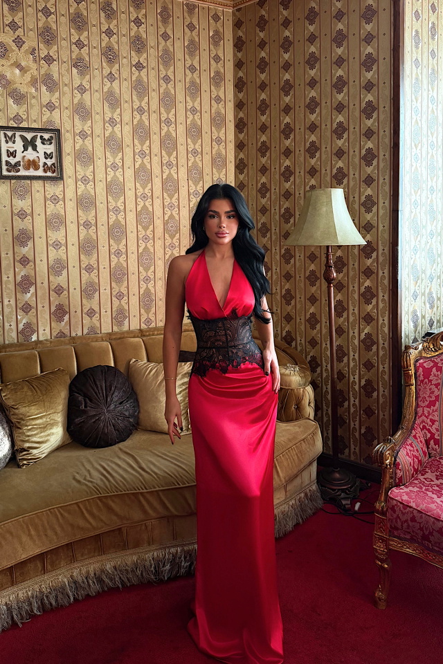 Kırmızı Bathy Uzun Dantel Detaylı Saten Elbise ATE-4054 - 1