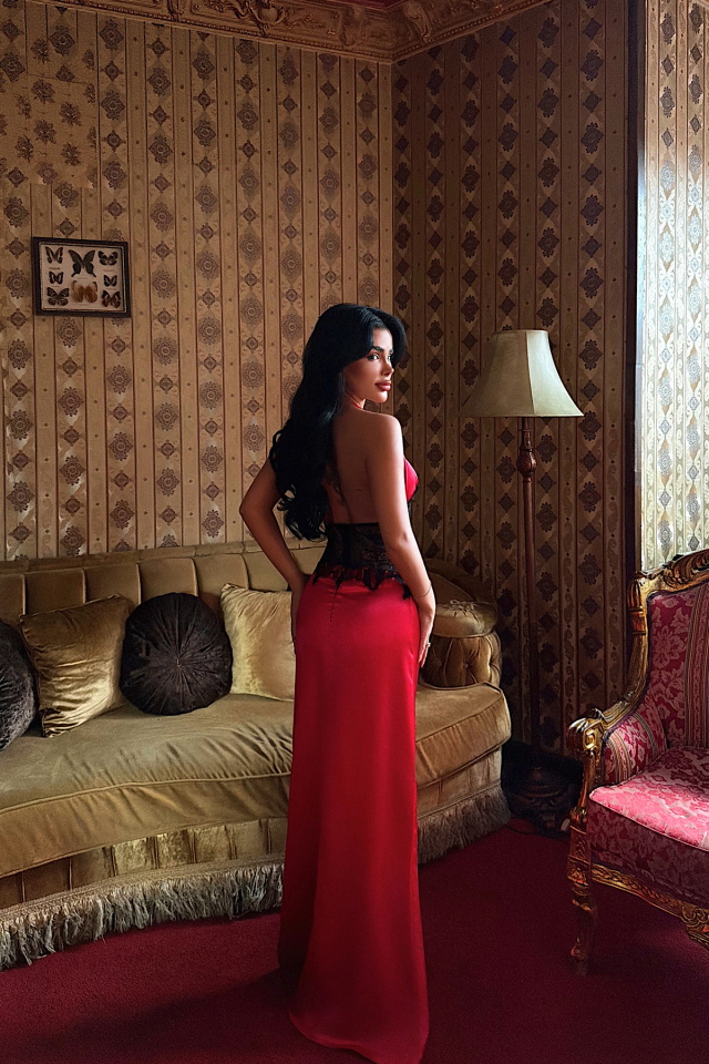 Kırmızı Bathy Uzun Dantel Detaylı Saten Elbise ATE-4054 - 4