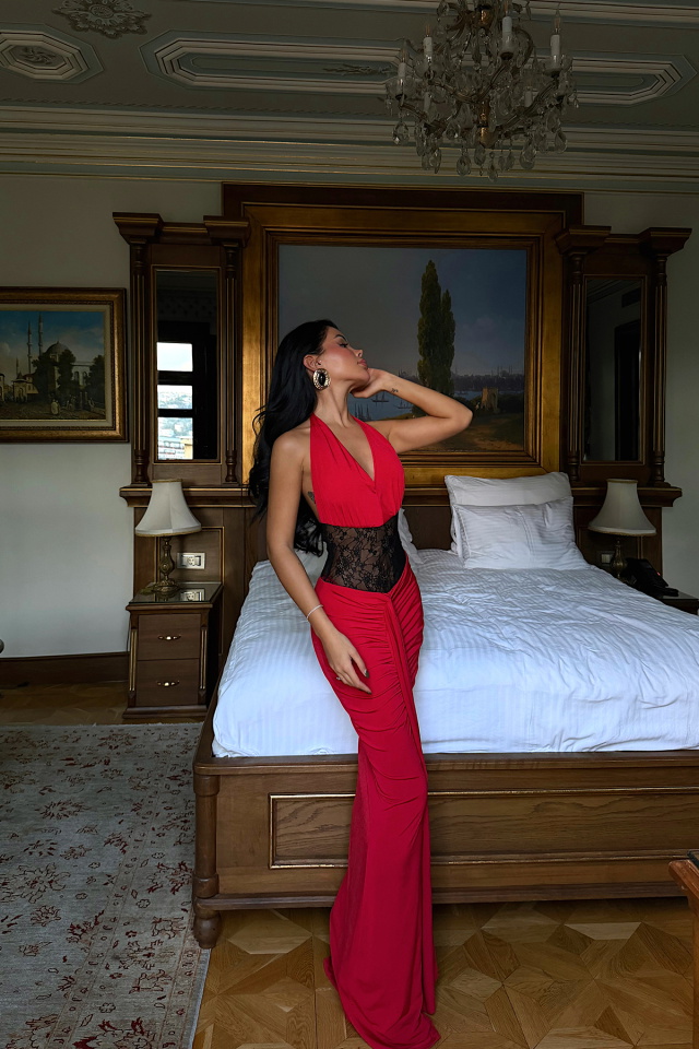 Kırmızı Nutty Dantel Detaylı Elbise ATE-3837 - 3