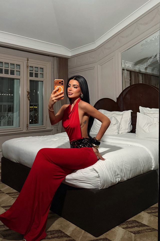 Kırmızı Dantel Detay Uzun Elbise ATE-4957 - 1