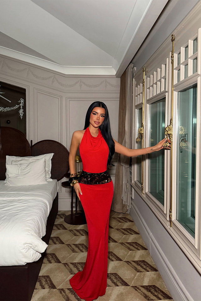 Kırmızı Dantel Detay Uzun Elbise ATE-4957 - 3