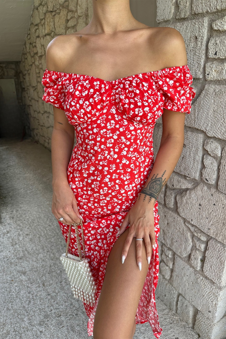 Kırmızı Derin Yırtmaçlı Elbise ATE7615 - EYYO