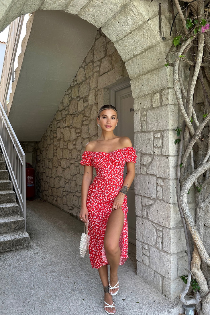 Kırmızı Derin Yırtmaçlı Elbise ATE7615 - EYYO