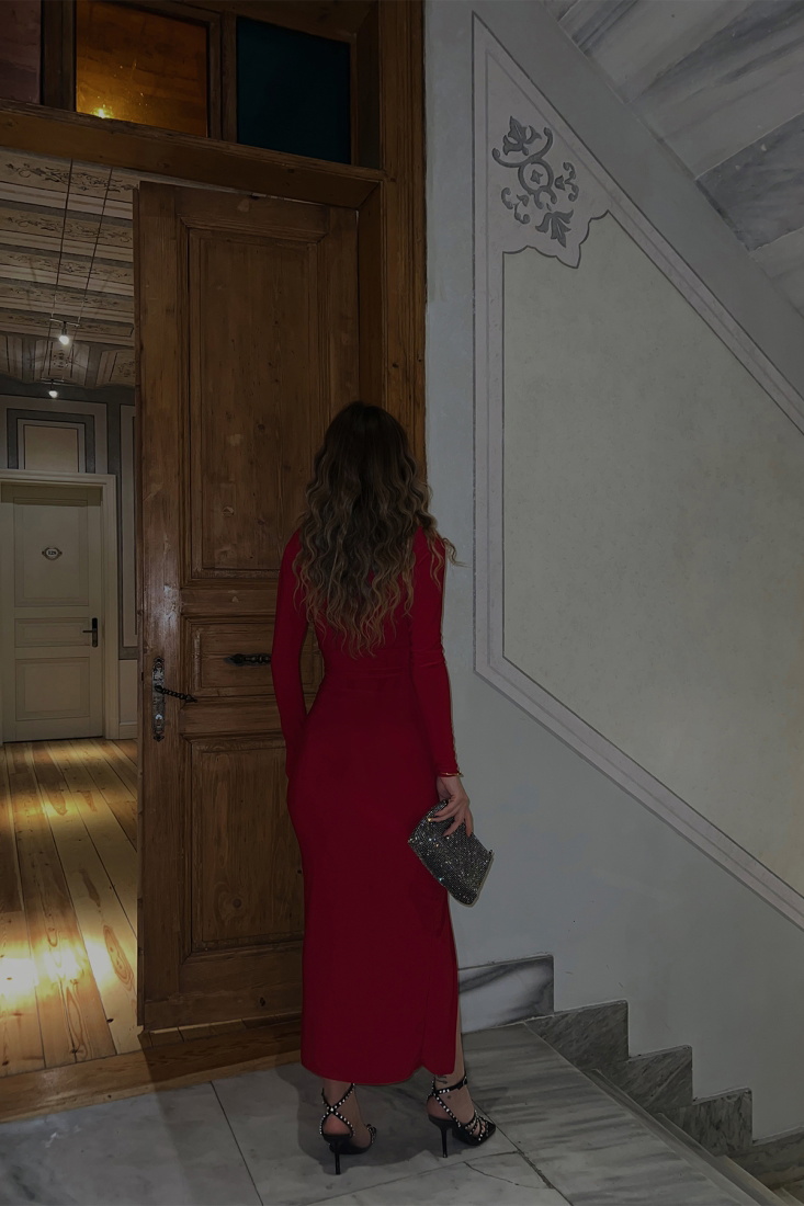 Kırmızı Derin Yırtmaçlı Uzun Elbise ATE3650 - EYYO