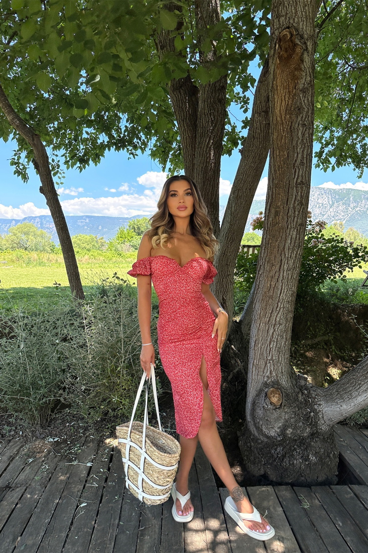 Kırmızı Derin Yırtmaçlı Uzun Elbise ATE7235 - EYYO