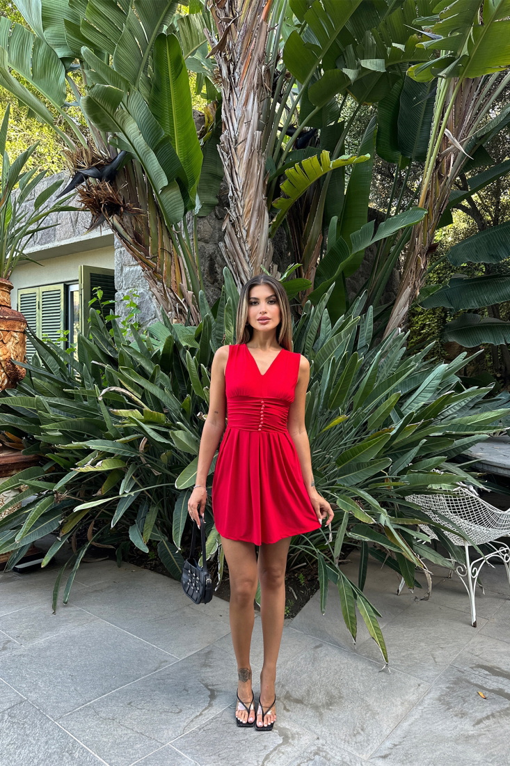 Kırmızı Düğme Detay Sıfır Kol Elbise ATE7384 - EYYO