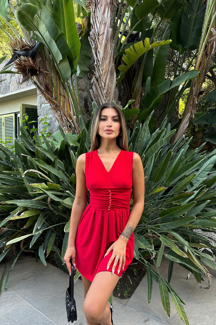 Kırmızı Düğme Detay Sıfır Kol Elbise ATE7384 - EYYO