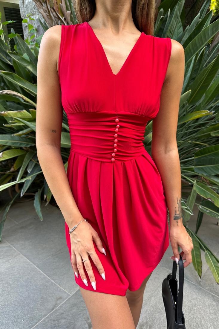 Kırmızı Düğme Detay Sıfır Kol Elbise ATE7384 - EYYO