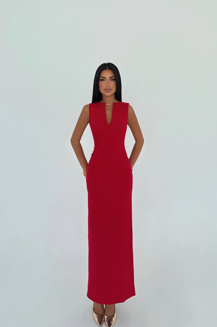 Kırmızı Saddler Düğme Aksesuarlı Elbise ATE-3168 - EYYO