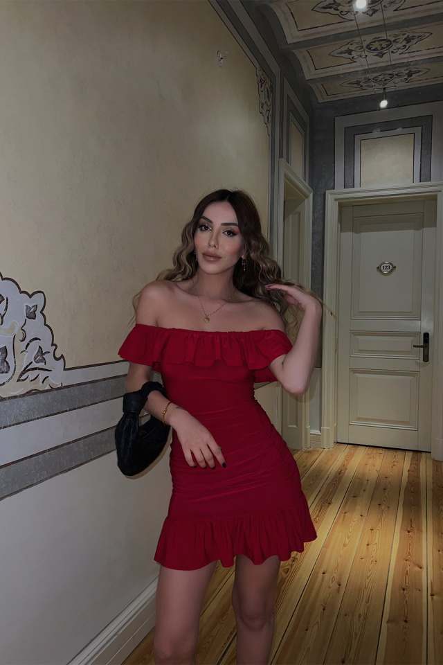 Kırmızı Düşük Kol Mini Elbise ATE3605 - 1