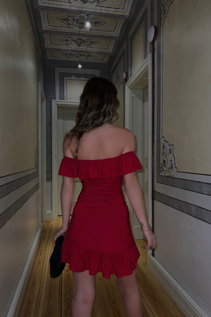 Kırmızı Düşük Kol Mini Elbise ATE3605 - EYYO