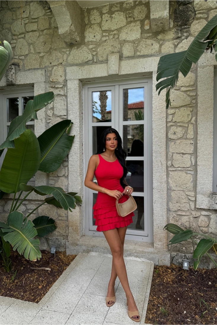 Kırmızı Naia Fırfırlı Elbise ATE-3163 - EYYO