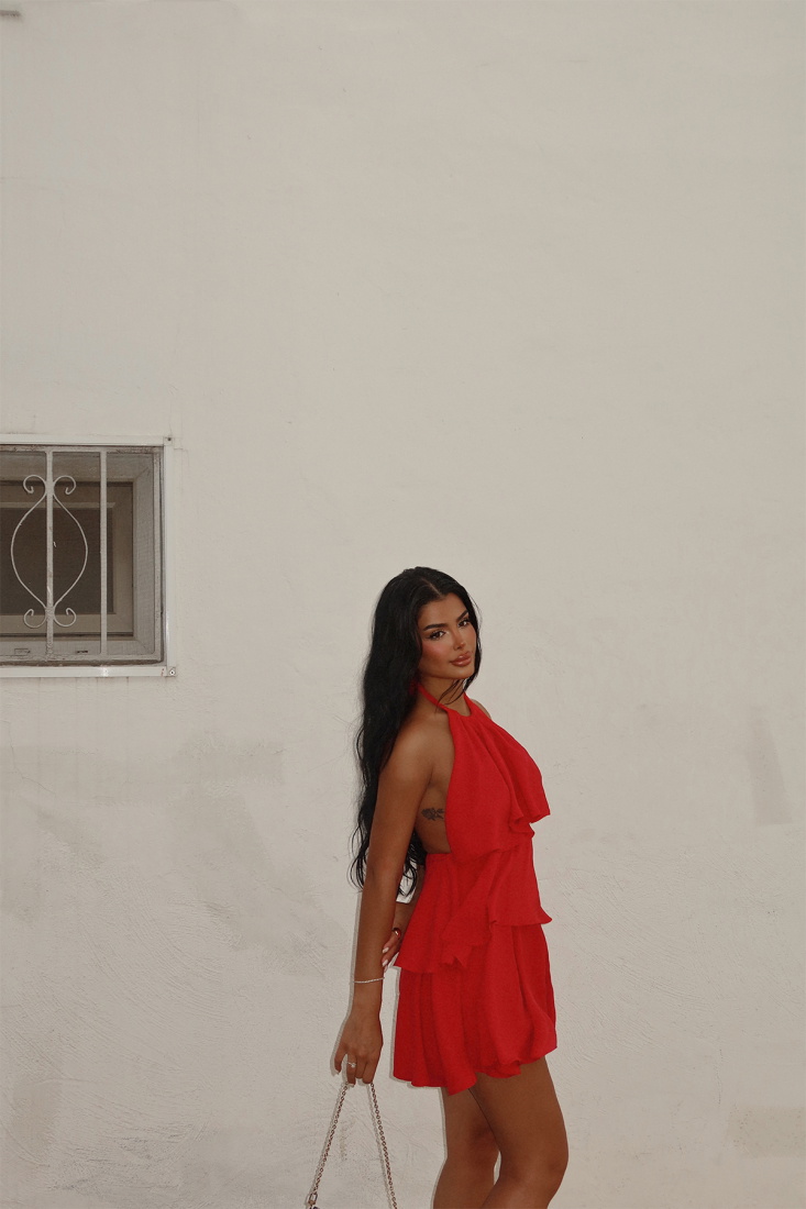 Kırmızı Henrika Fırfırlı Elbise ATE-1586 - EYYO