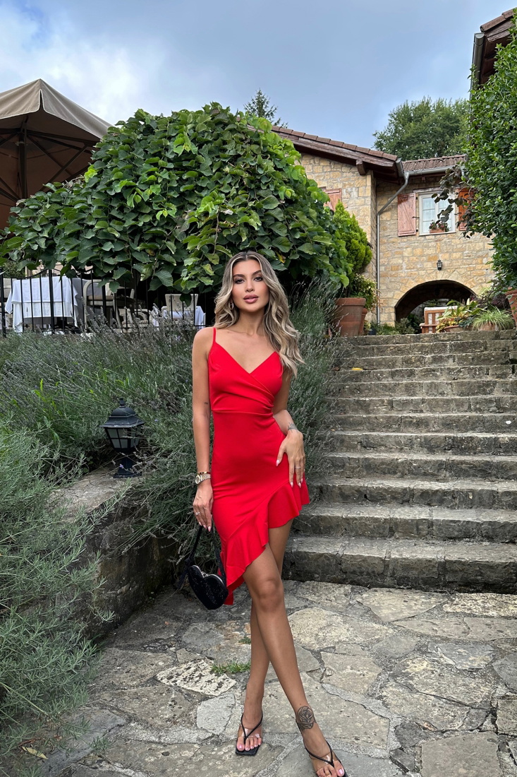 Kırmızı Fırfır Detay Mini Elbise ATE8164 - EYYO