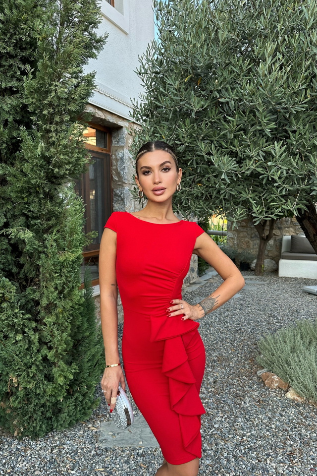 Kırmızı Fırfır Detay Mini Elbise ATEL2441 