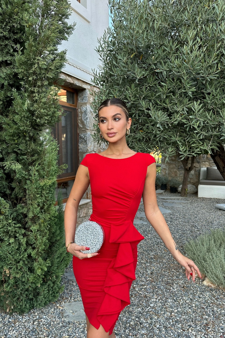 Kırmızı Fırfır Detay Mini Elbise ATEL2441 - EYYO