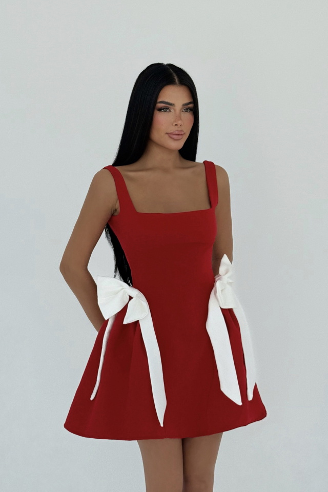 Kırmızı Nellie Fiyonk Detaylı Mini Elbise ATE-2719 
