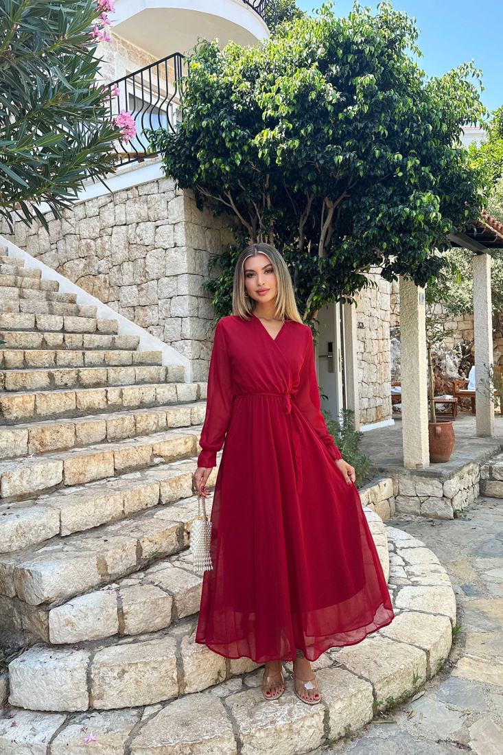 Kırmızı Bağlamalı Uzun Elbise ATE7809 - EYYO