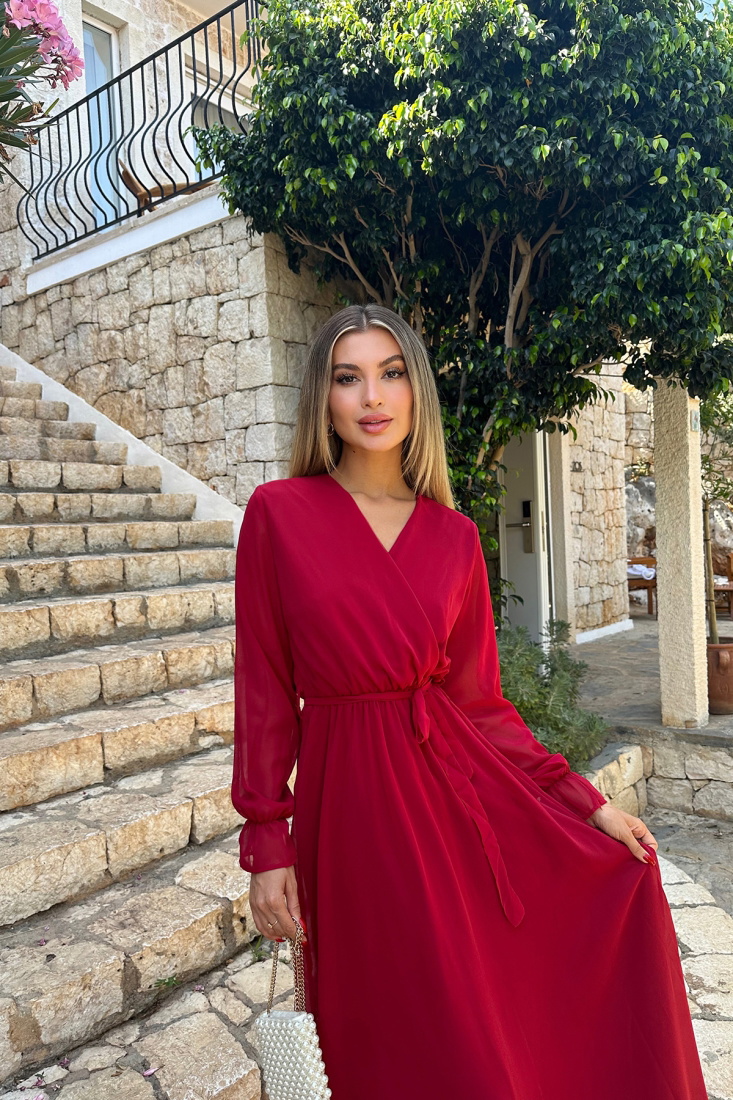 Kırmızı Bağlamalı Uzun Elbise ATE7809 - EYYO