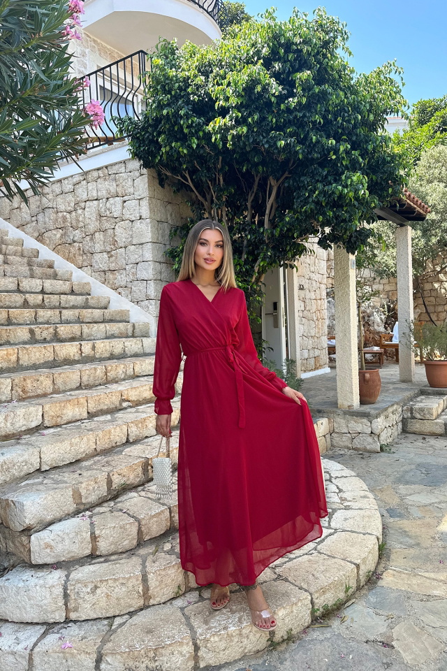 Kırmızı Bağlamalı Uzun Elbise ATE7809 - 1