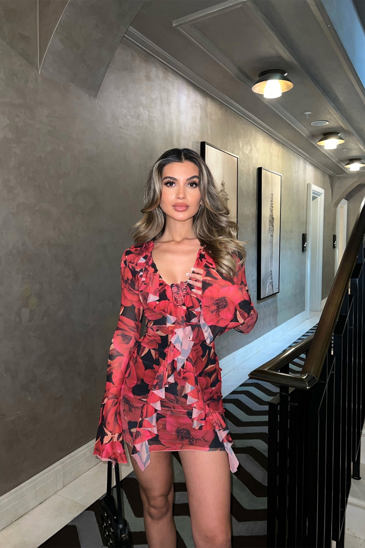 Kırmızı Gül Desen Mini Elbise ATE6228 - EYYO