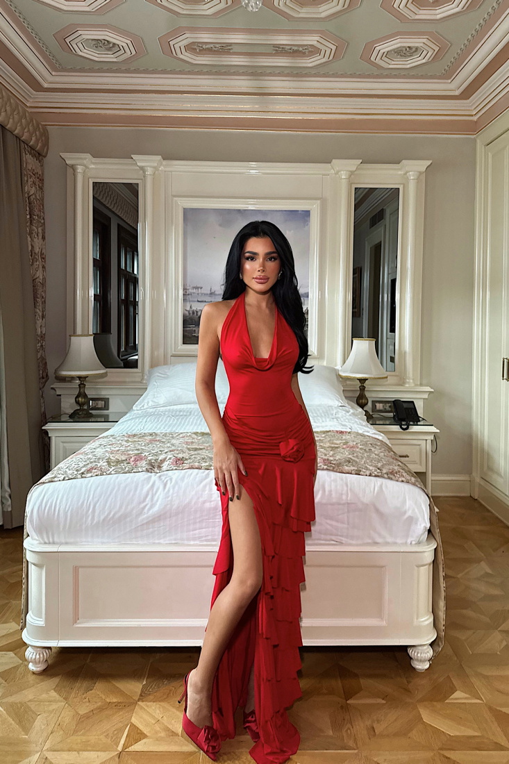 Kırmızı Destiny Uzun Yırtmaçlı Elbise ATE-3546 - EYYO