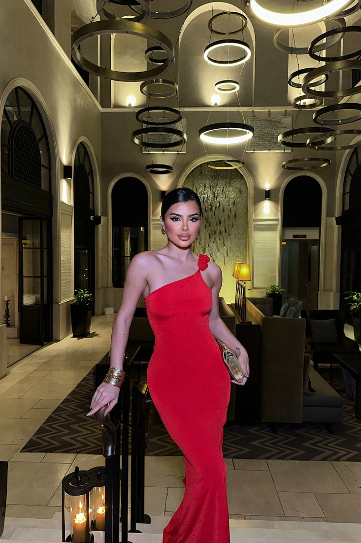 Kırmızı Gül Detay Bağlamalı Elbise ATE-0210 - EYYO