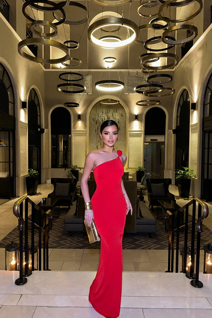 Kırmızı Gül Detay Bağlamalı Elbise ATE-0210 - EYYO