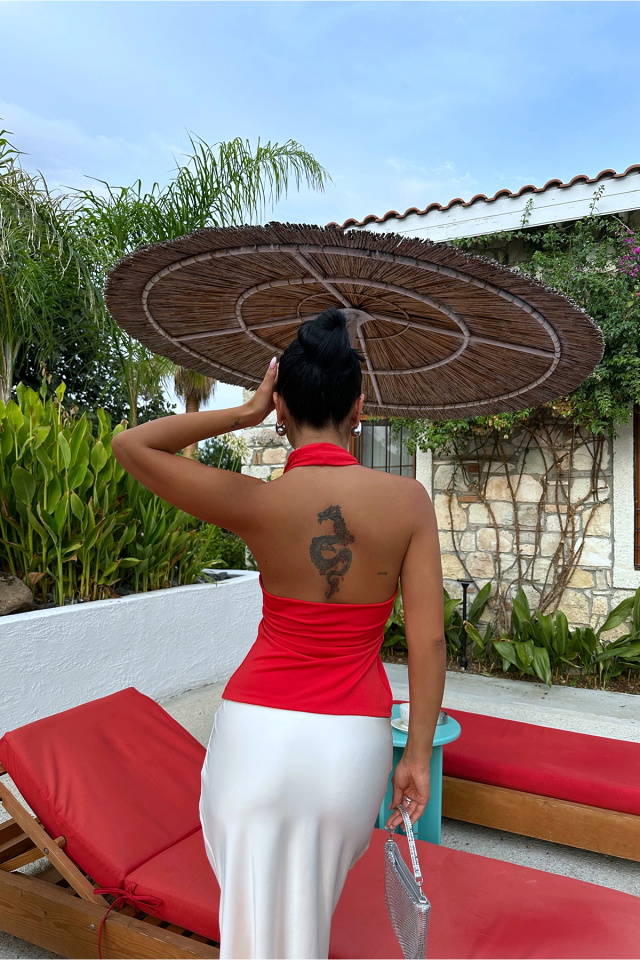 Kırmızı Gül Detay Crop Top