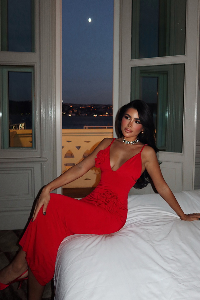 Kırmızı Blouse Gül Detaylı Elbise ATE-3432 - 4