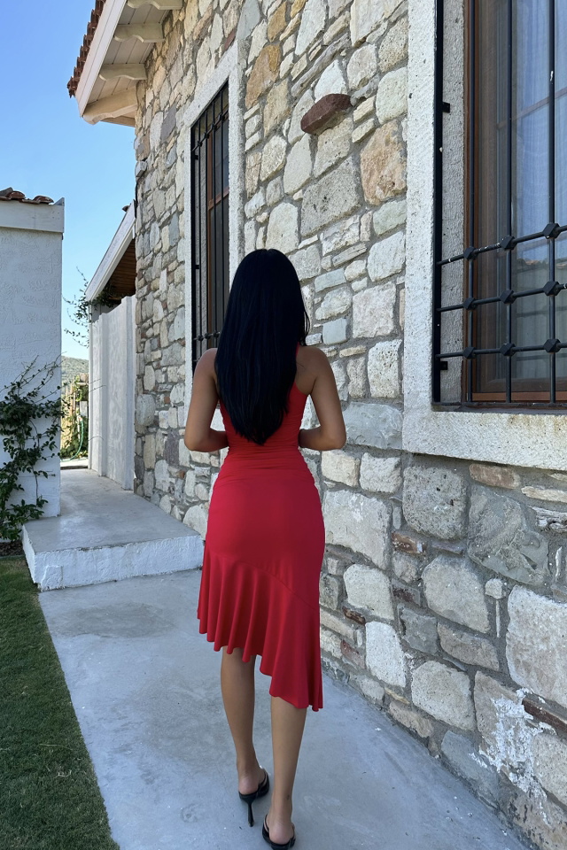 Kırmızı Gül Detay Fırfırlı Uzun Elbise ATE7904 - 9